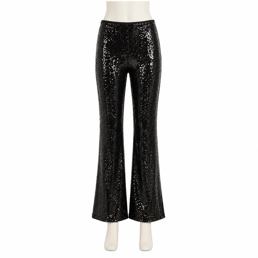 By Anthropologie Joni Black Sequin Flare Pants Disco Glam Party Regency Size 10